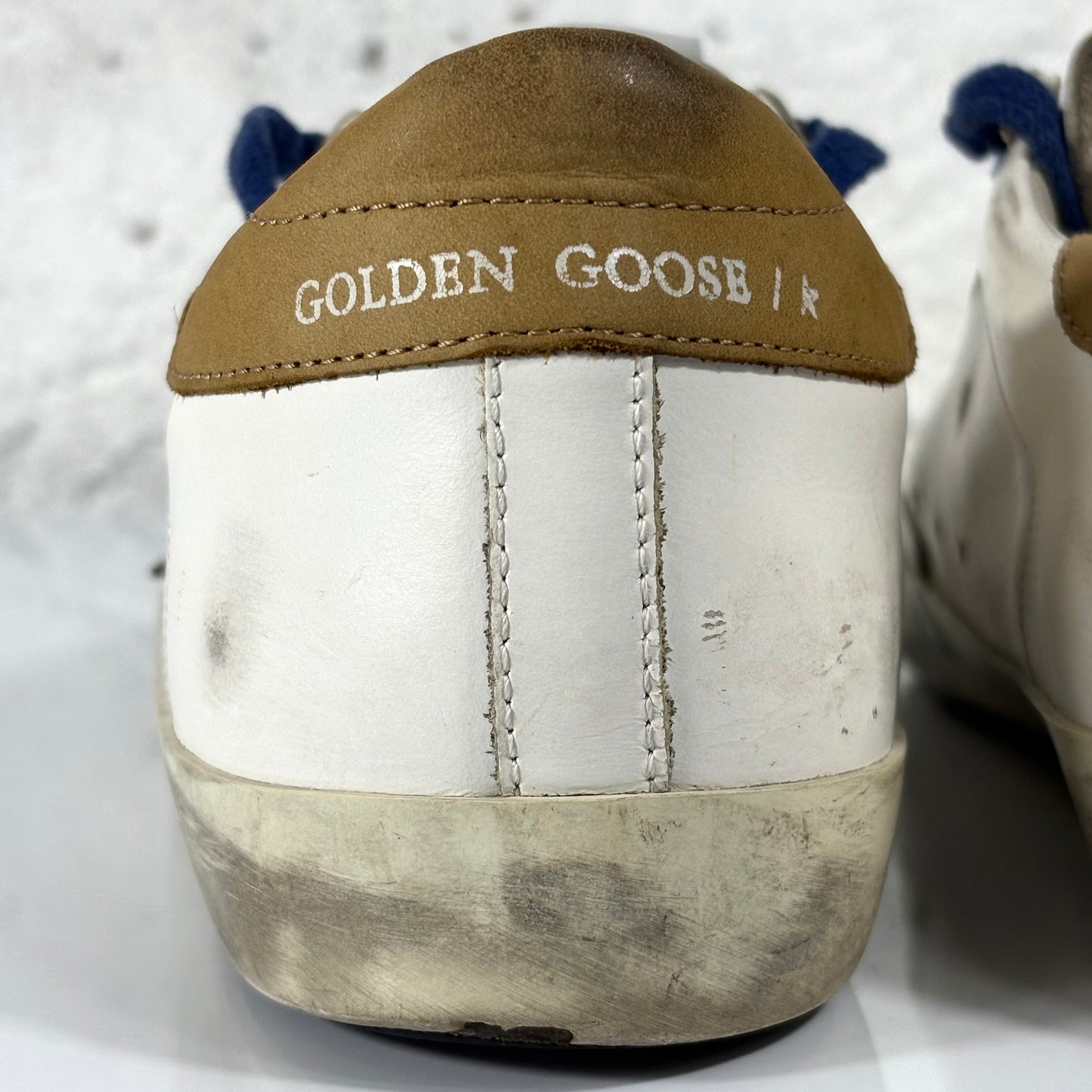 Golden goose Superstar bianche, tallone marrone, stella taupe e lacci blu 39