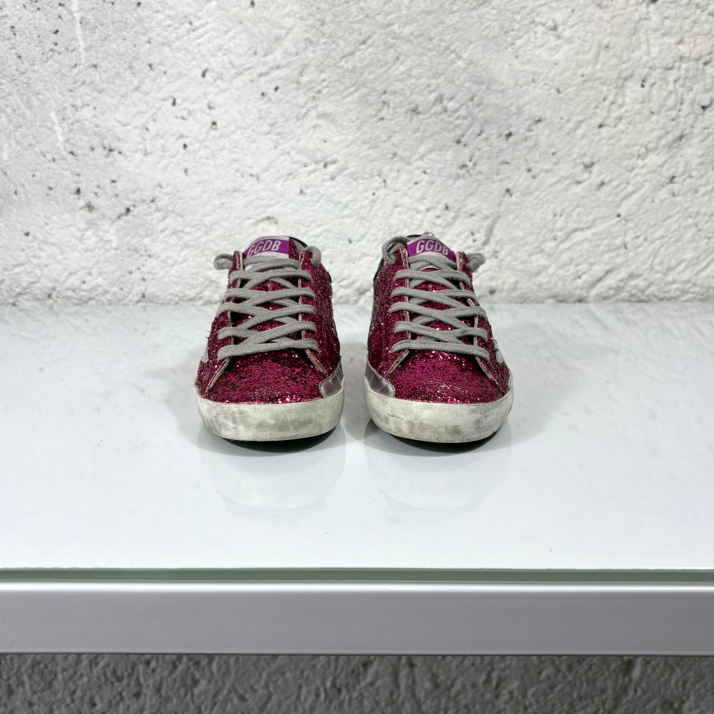 Golden goose Superstar bordeaux a paillettes, stella argento e tallone nero 36