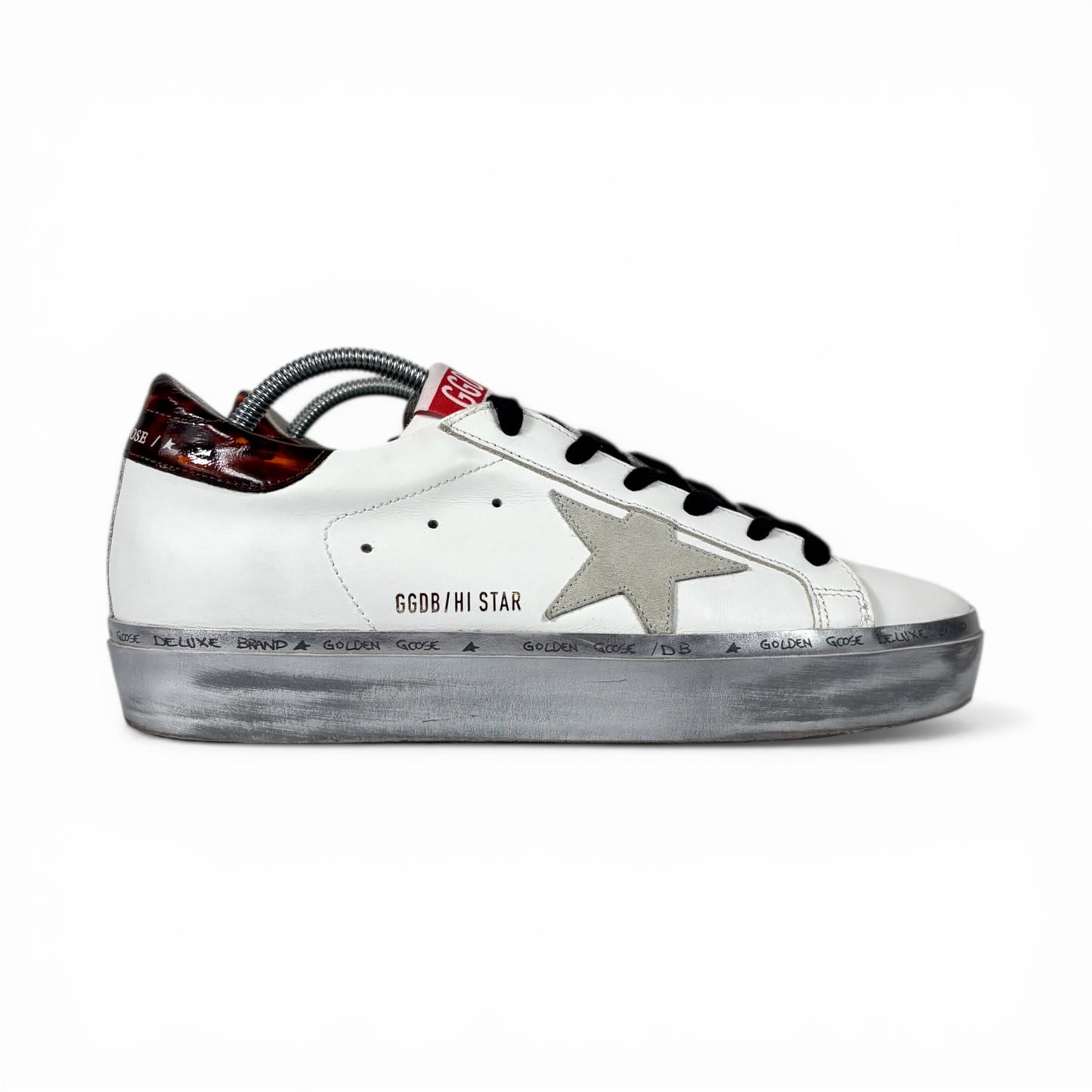 Golden goose Hi Star bianche, tallone rosso e fascia sulla suola argento