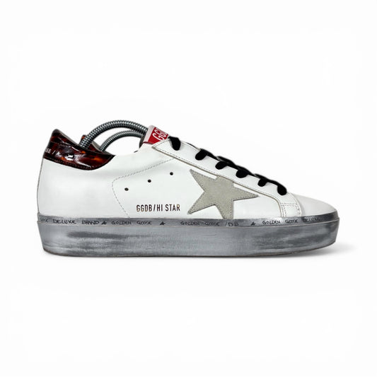Golden goose Hi Star bianche, tallone rosso e fascia sulla suola argento