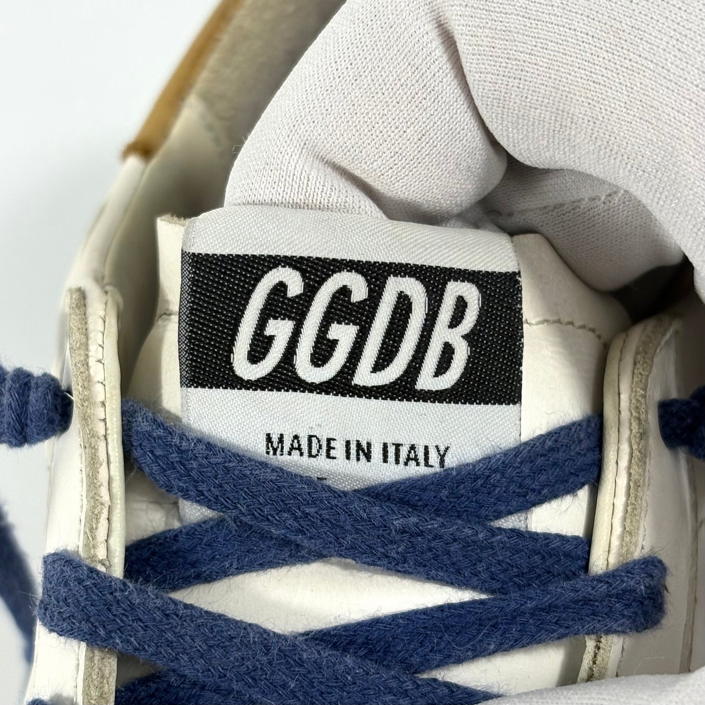 Golden goose Superstar bianche, tallone marrone, stella taupe e lacci blu 39