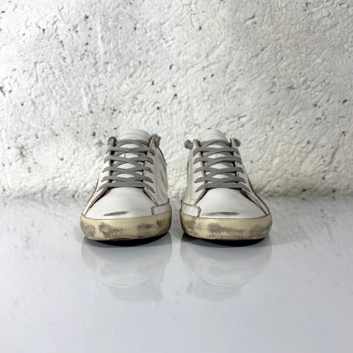Golden goose Superstar bianche, stella grigia e tallone verde 39