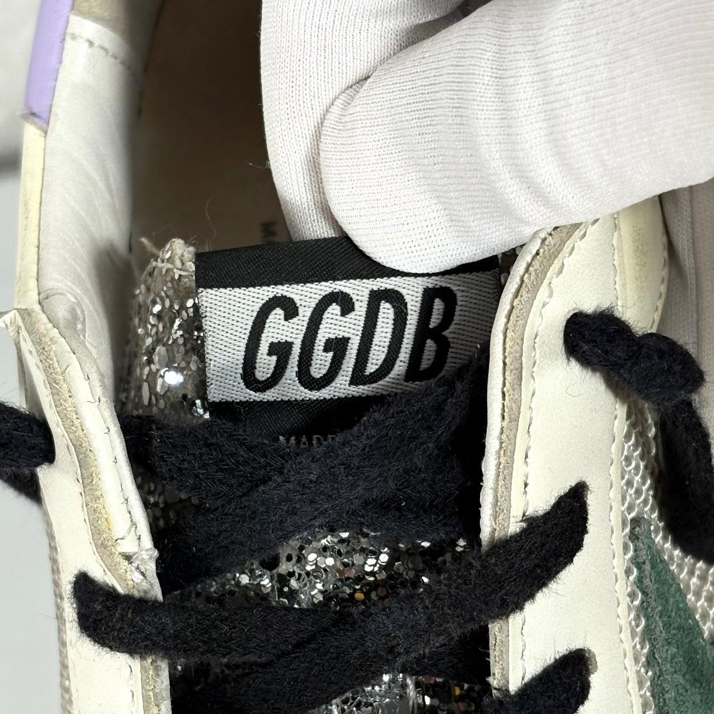 Golden goose Superstar bianche, punta argento glitter e tallone azzurro 36