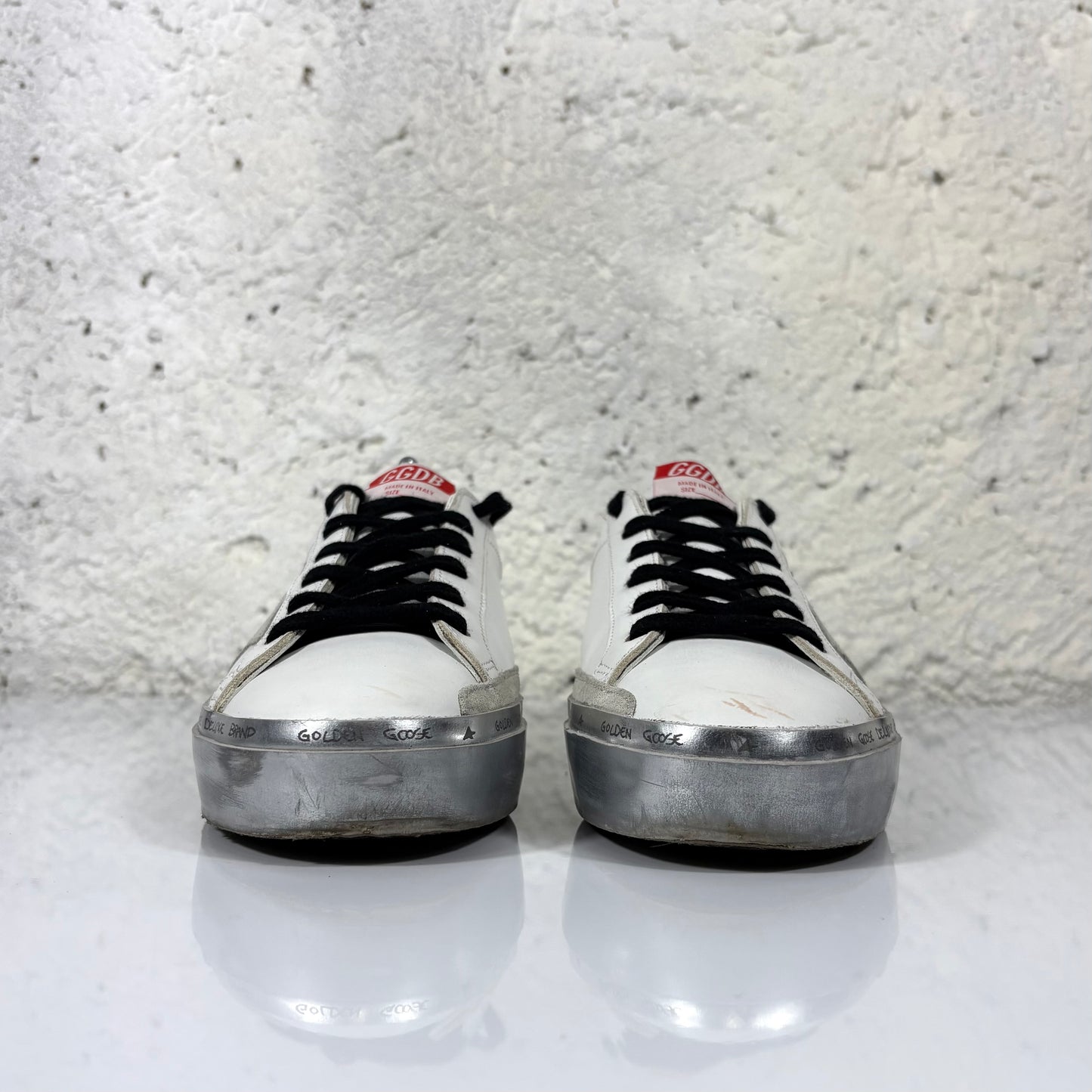 Golden goose Hi Star bianche, tallone rosso e fascia sulla suola argento