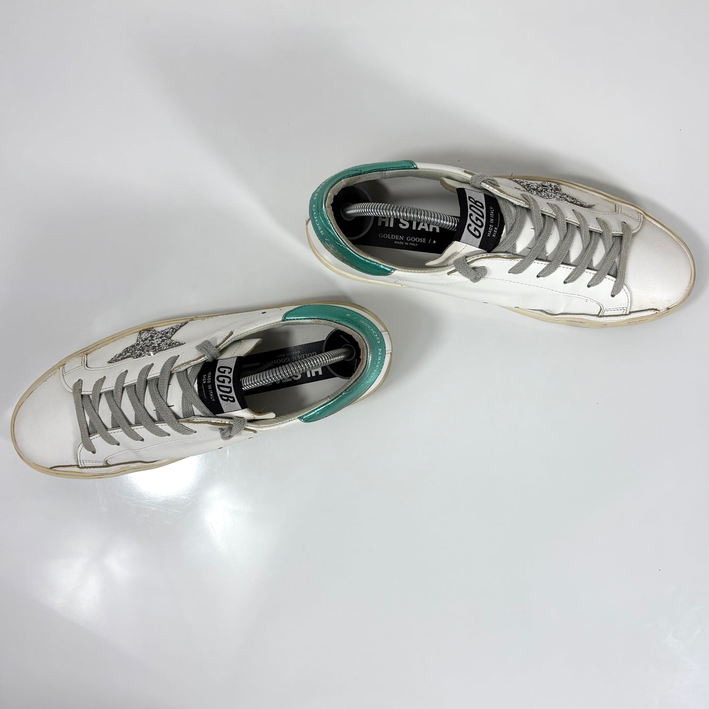 Golden goose Hi Star bianche con talloncini verde smeraldo e stella glitter 39