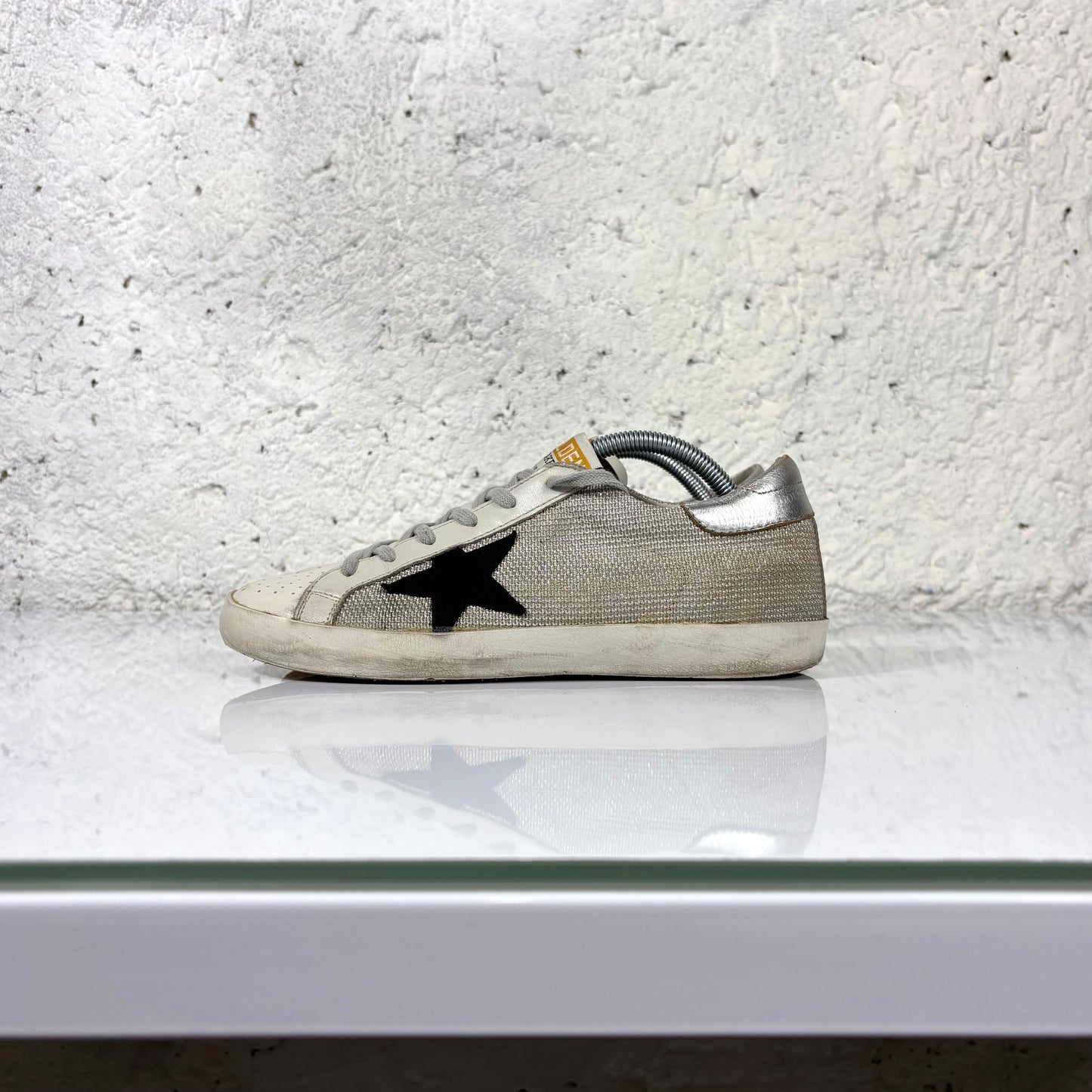 Golden goose Superstr Grigio in tessuto, tallone argento con stella nera 39
