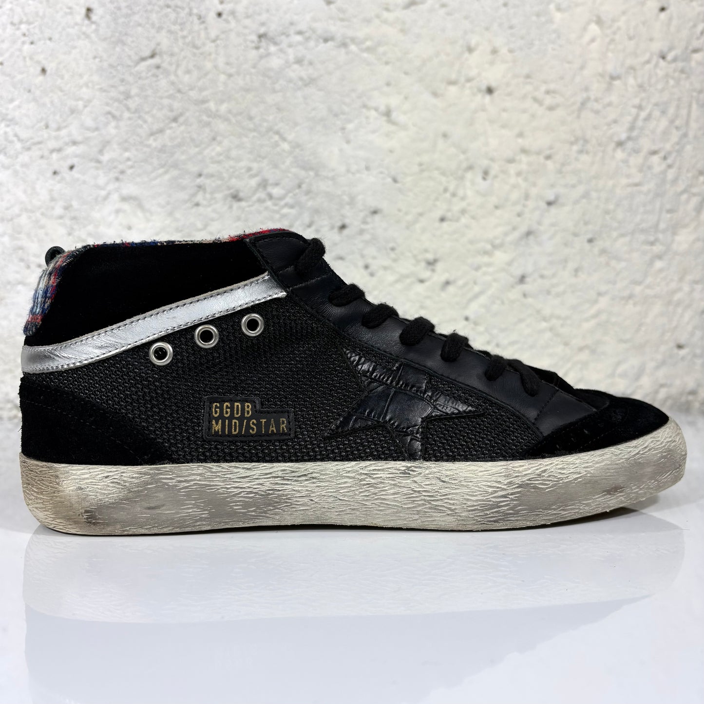 Golden goose Mid star nere con interno Tartan scozzese blu 43