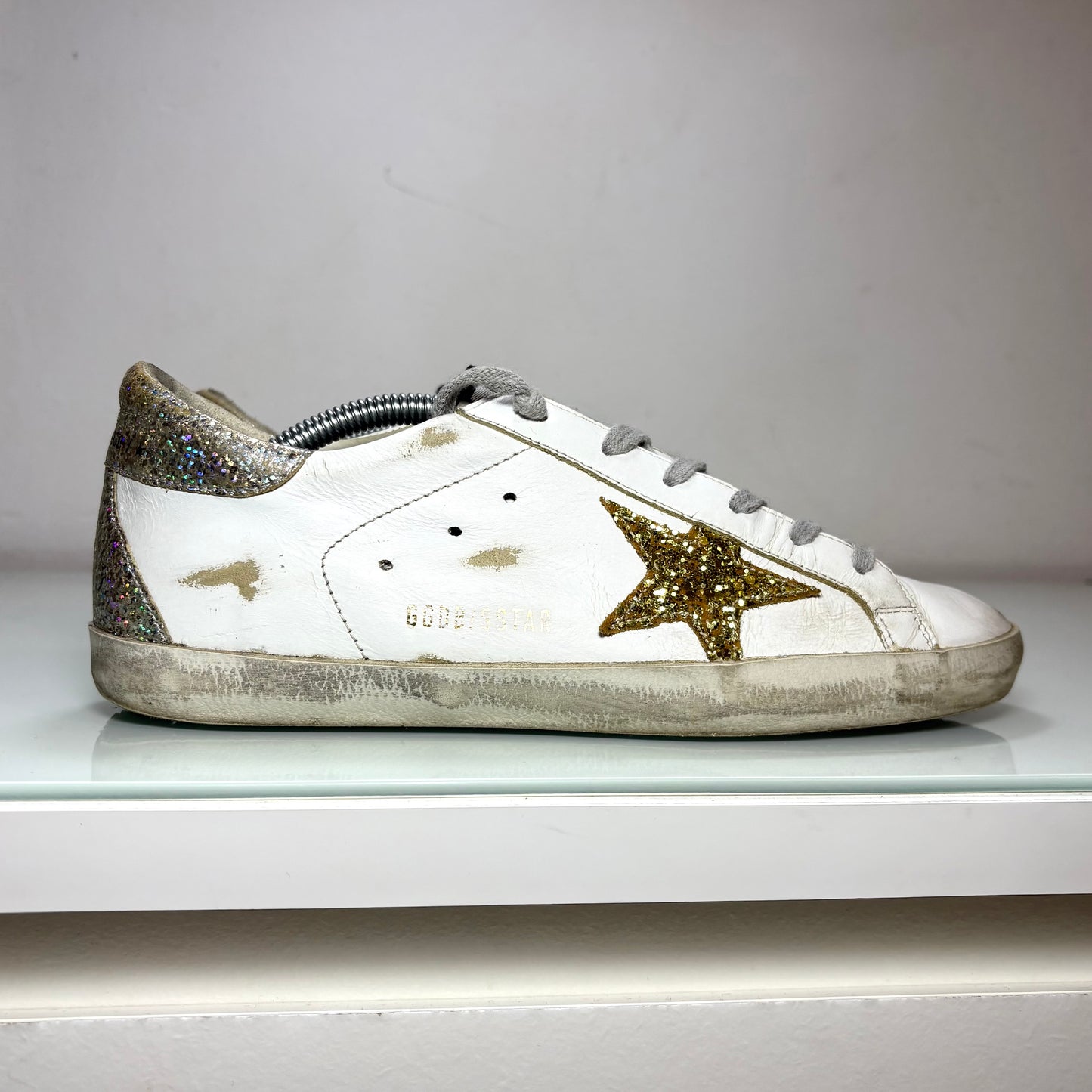 Golden goose Superstar bianche tallone argento paillettes riflessi multicolor 38