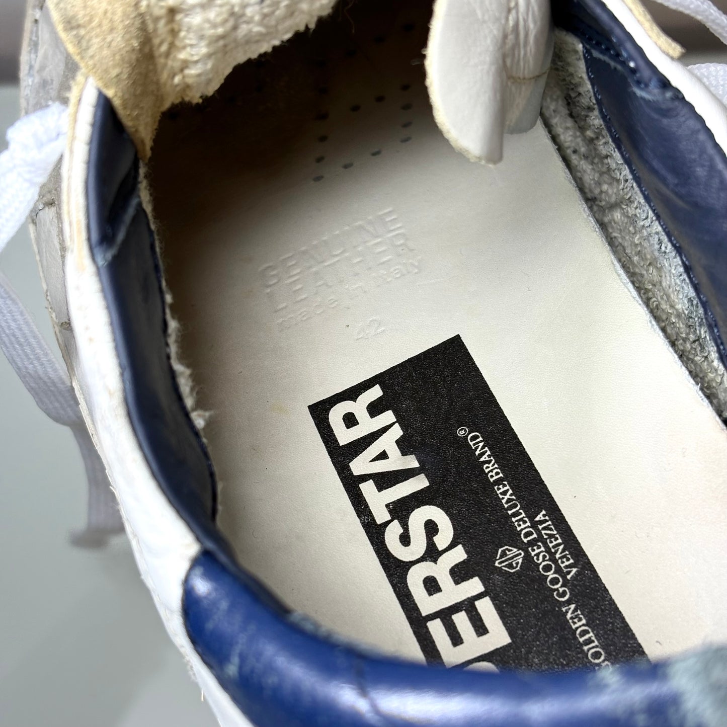 Golden goose Superstar bianche tallone blu e stella grigia 42