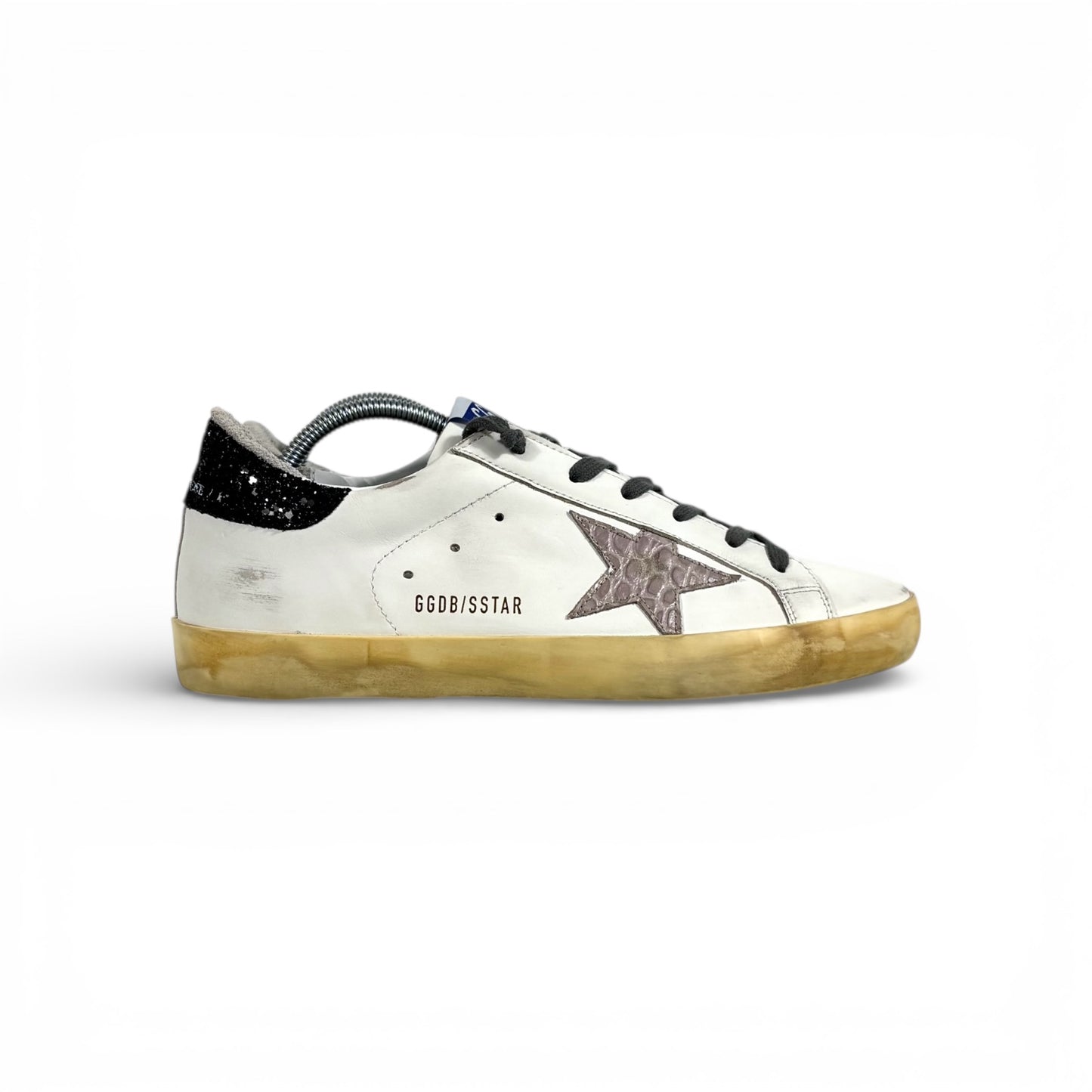 Golden goose Superstar bianche, stella grigia a squame e tallone nero brillantinato 39