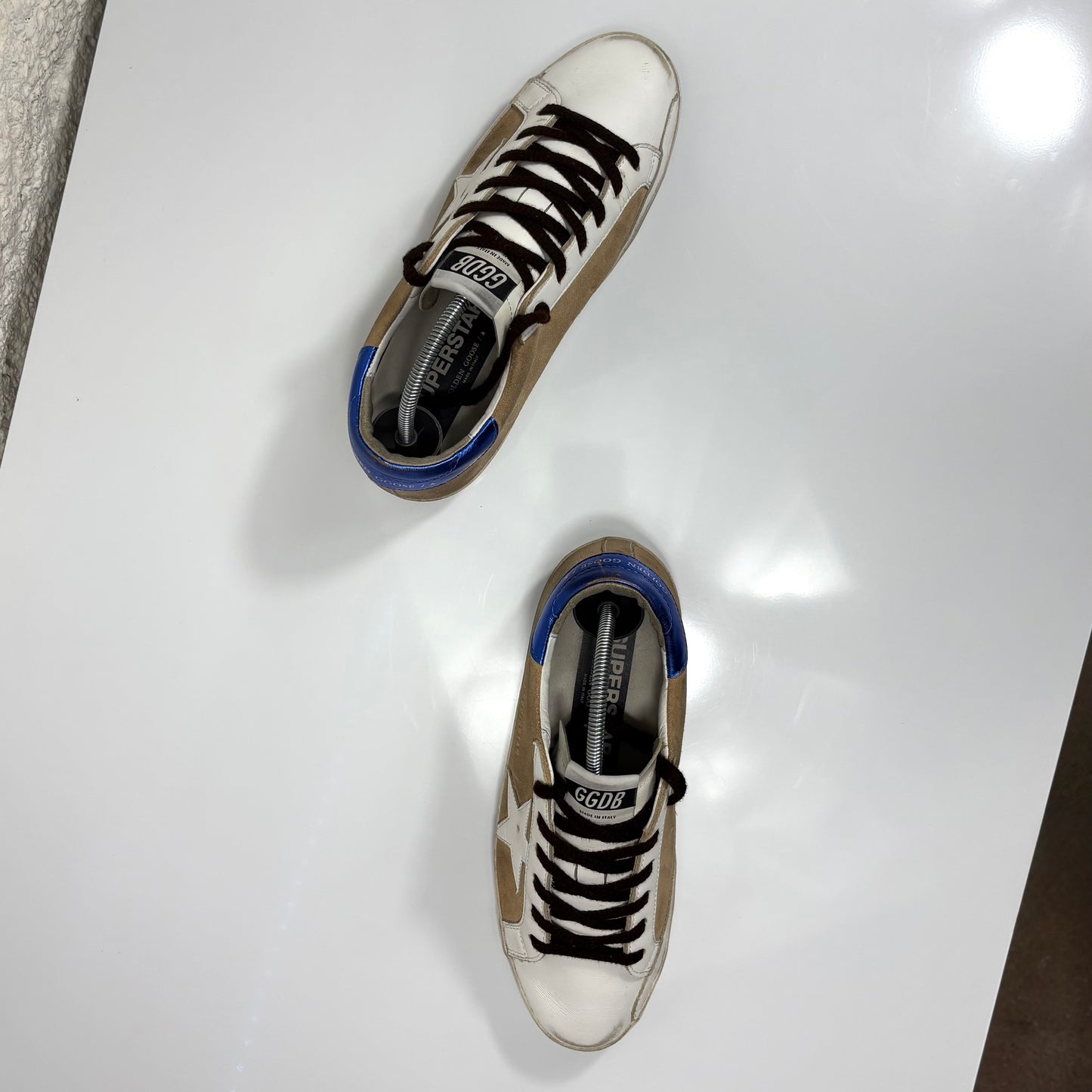 Golden goose Superstar Beige, stella e punta bianca e talloncino blu 39