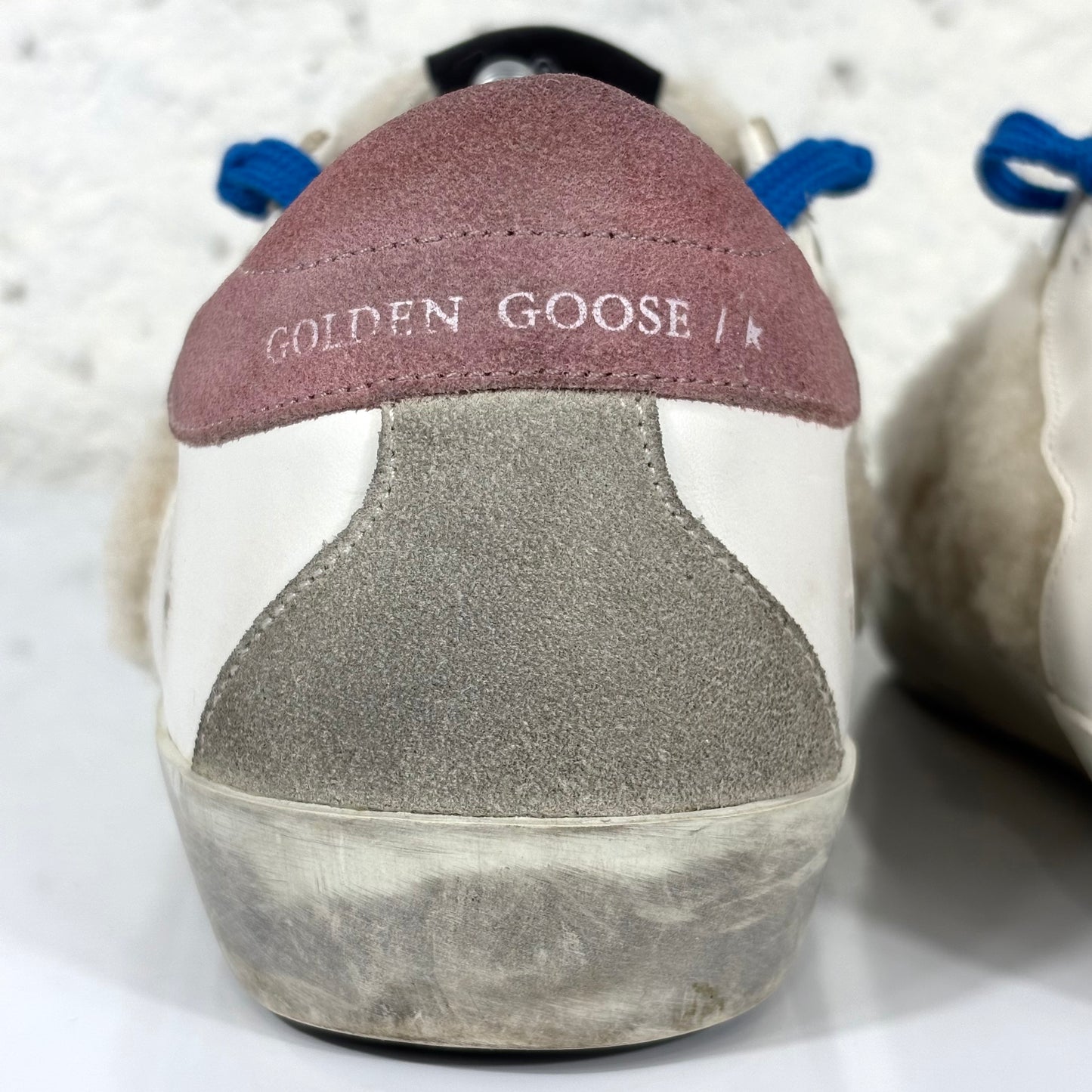 Golden goose Superstar bianche in shearling con lacci blu e stella argento  38