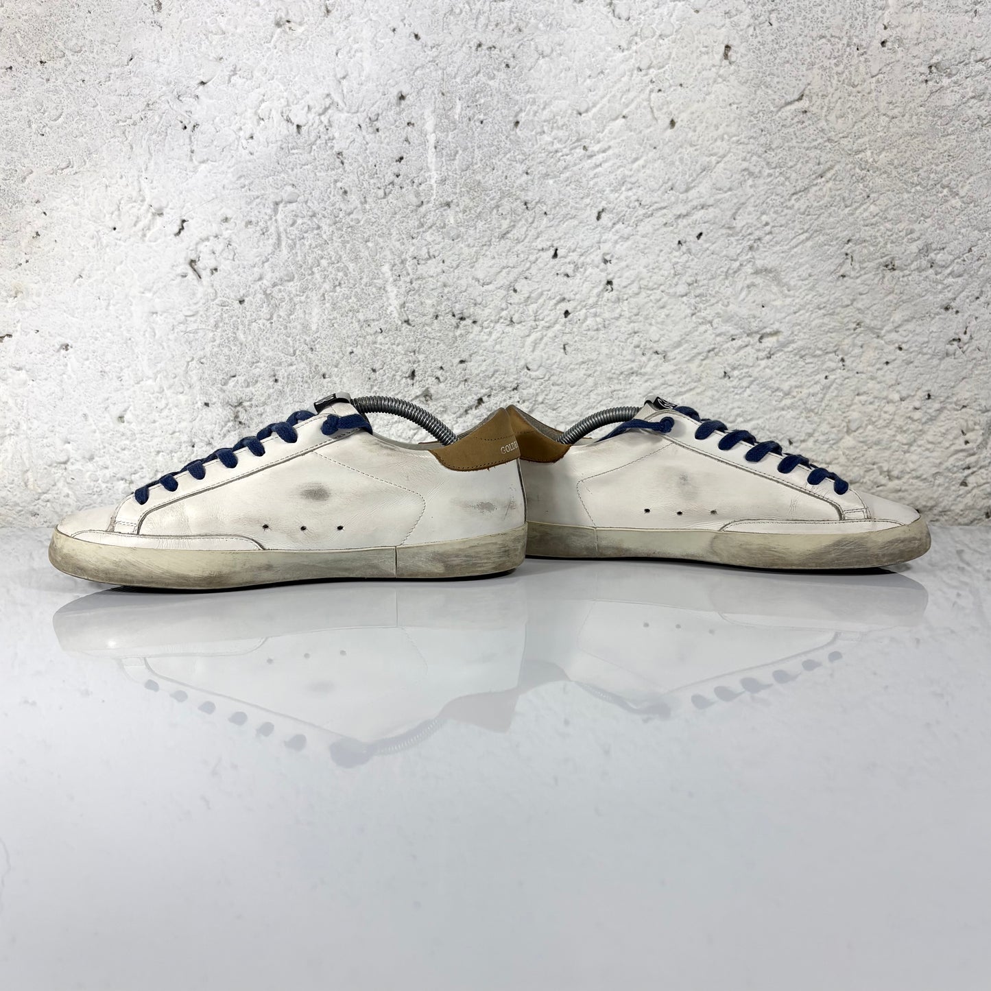 Golden goose Superstar bianche, tallone marrone, stella taupe e lacci blu 39