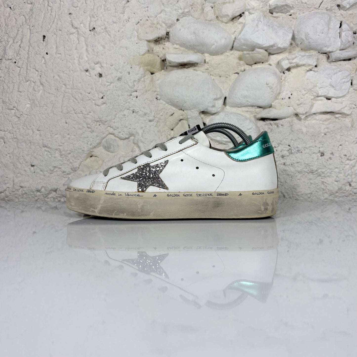 Golden goose Hi Star bianche con talloncini verde smeraldo e stella glitter 39