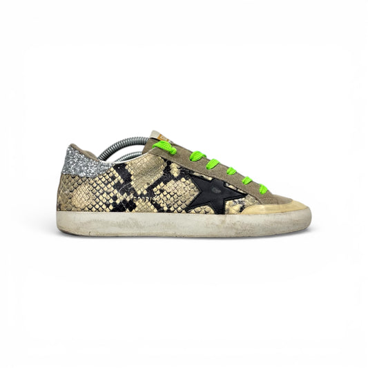 Golden goose Superstar a squame “pitone”, lacci verde talloni brillantinati 37