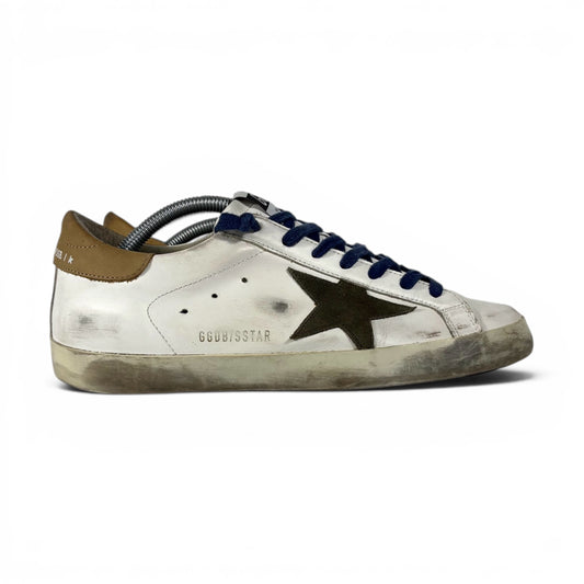Golden goose Superstar bianche, tallone marrone, stella taupe e lacci blu 39