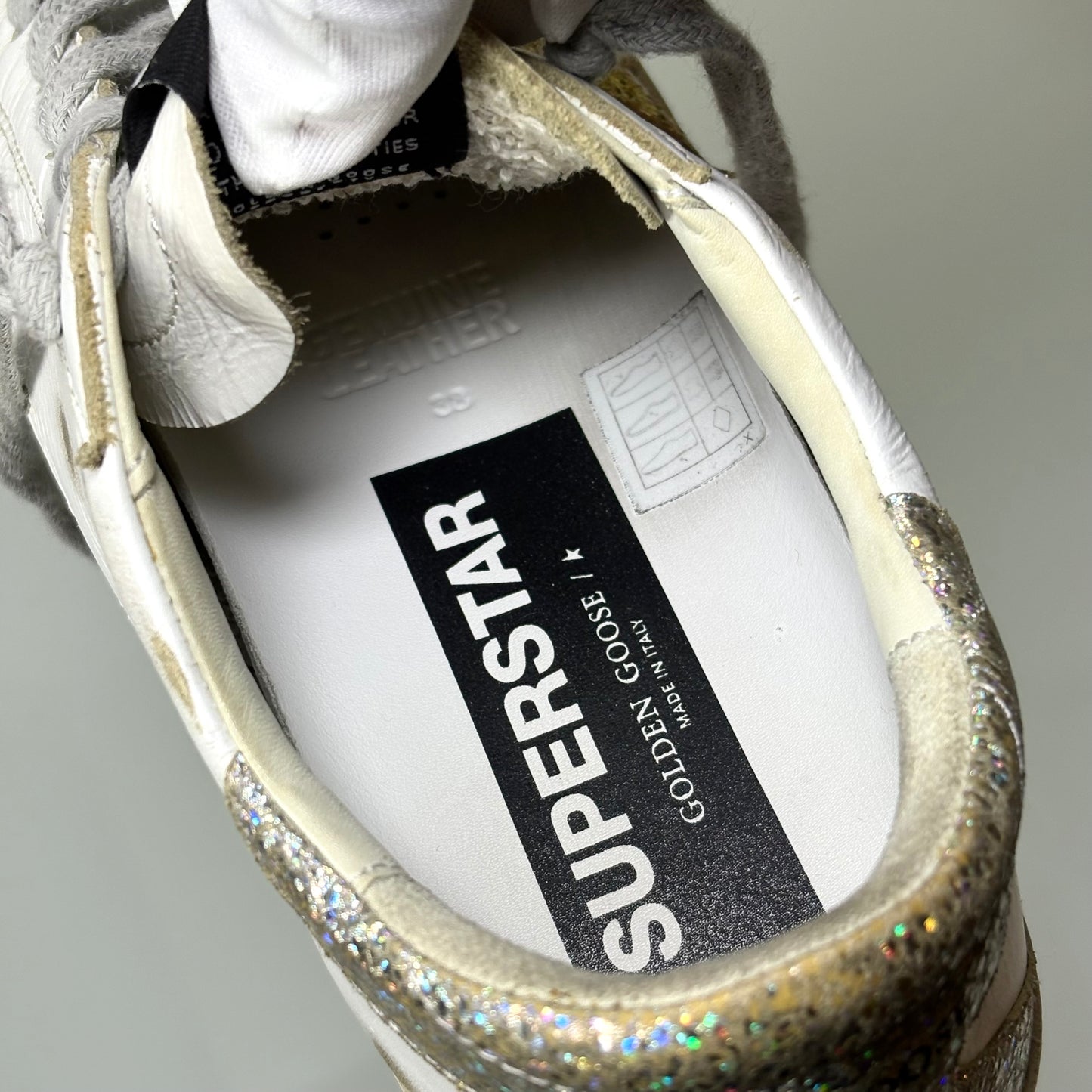 Golden goose Superstar bianche tallone argento paillettes riflessi multicolor 38