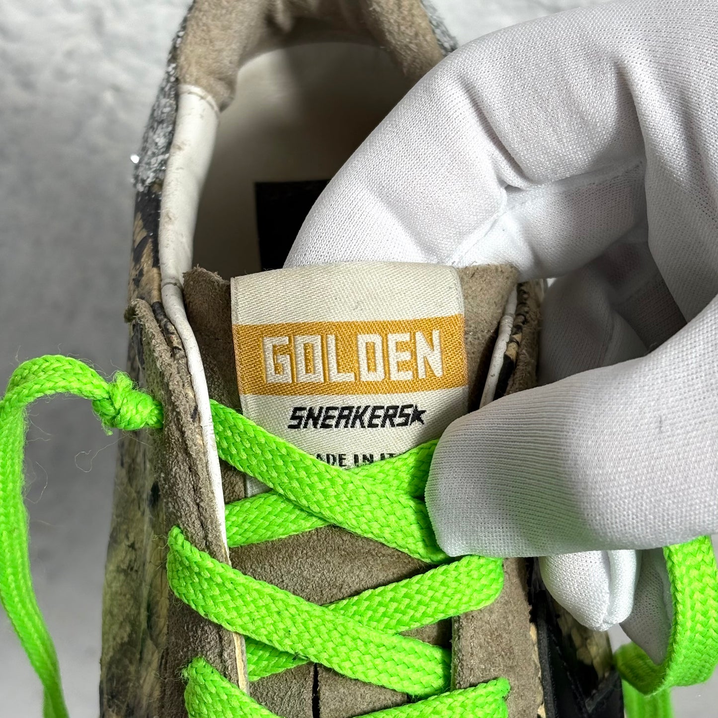Golden goose Superstar a squame “pitone”, lacci verde talloni brillantinati 37