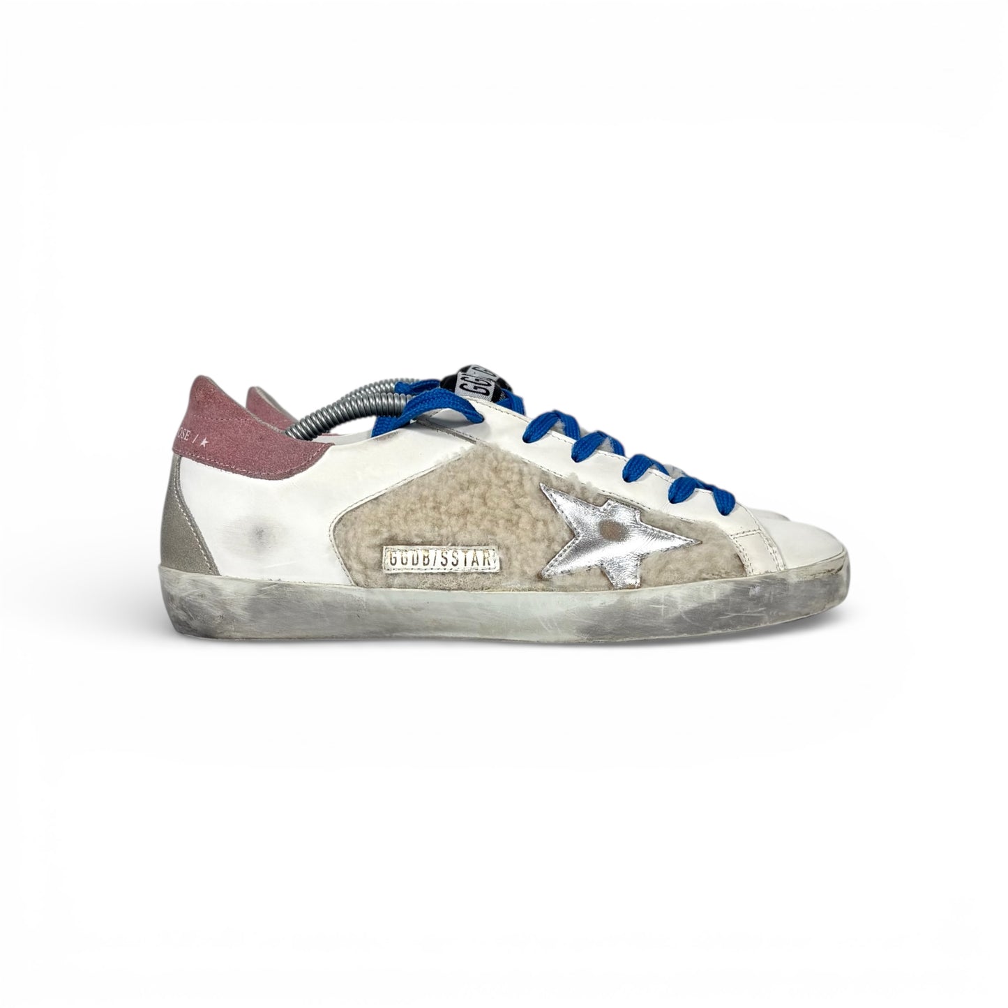 Golden goose Superstar bianche in shearling con lacci blu e stella argento  38