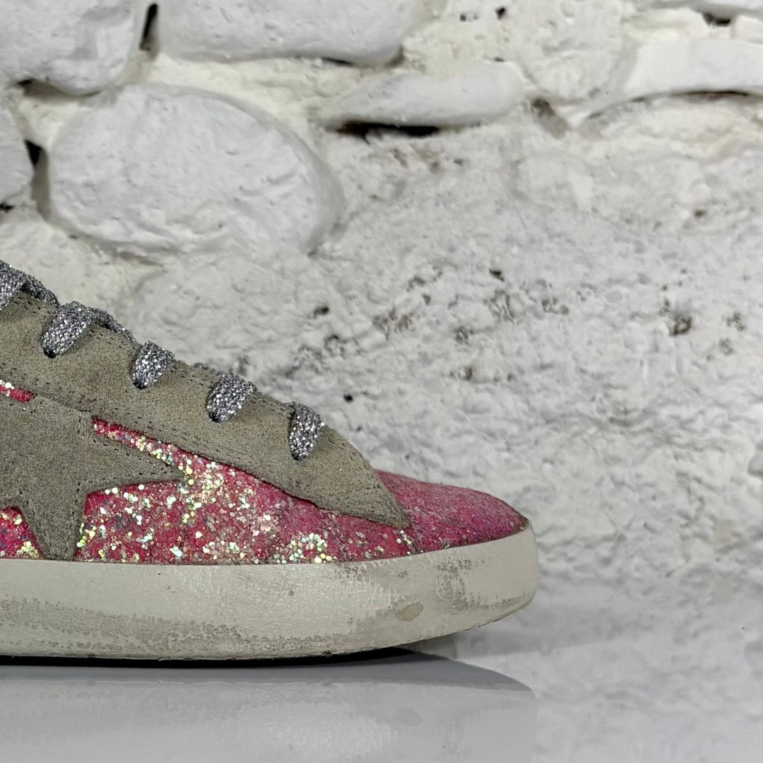 Golden goose Francy rosa a paillettes con stella grigia e inserti oro 35