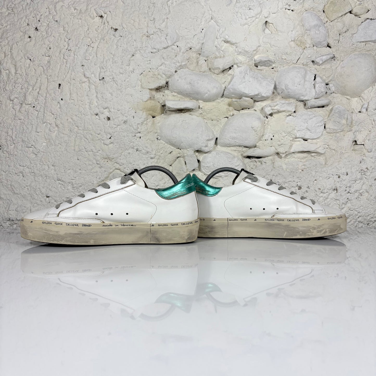 Golden goose Hi Star bianche con talloncini verde smeraldo e stella glitter 39