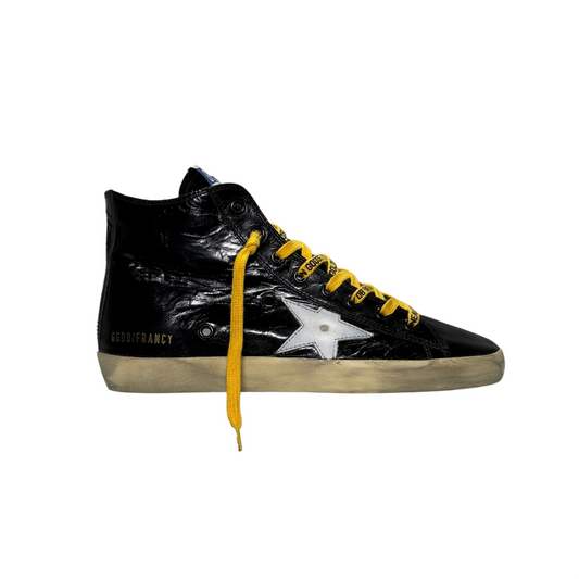 Golden Goose Francy pelle nera lucida e lacci gialli 39
