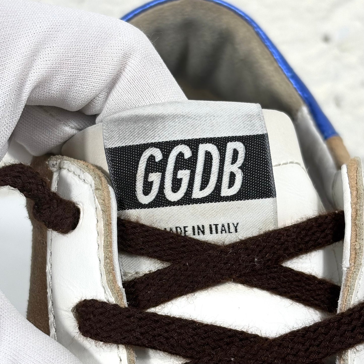 Golden goose Superstar Beige, stella e punta bianca e talloncino blu 39