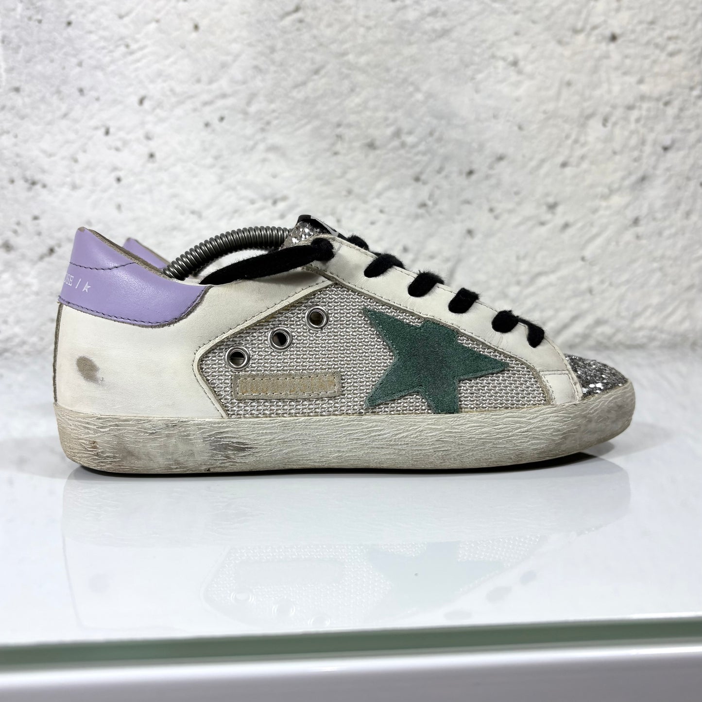 Golden goose Superstar bianche, punta argento glitter e tallone azzurro 36
