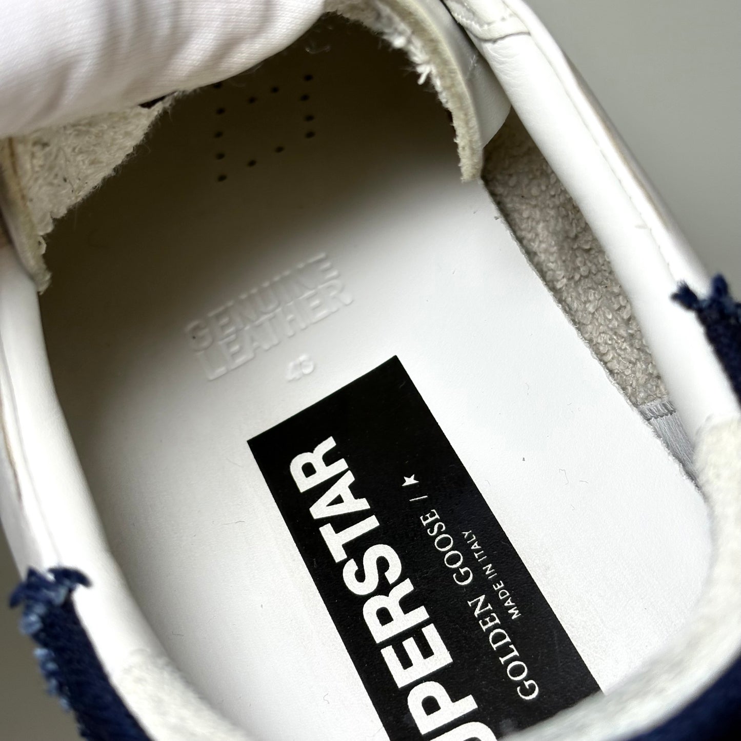 Golden goose Superstar bianche stella nera tallone blu jeans 43