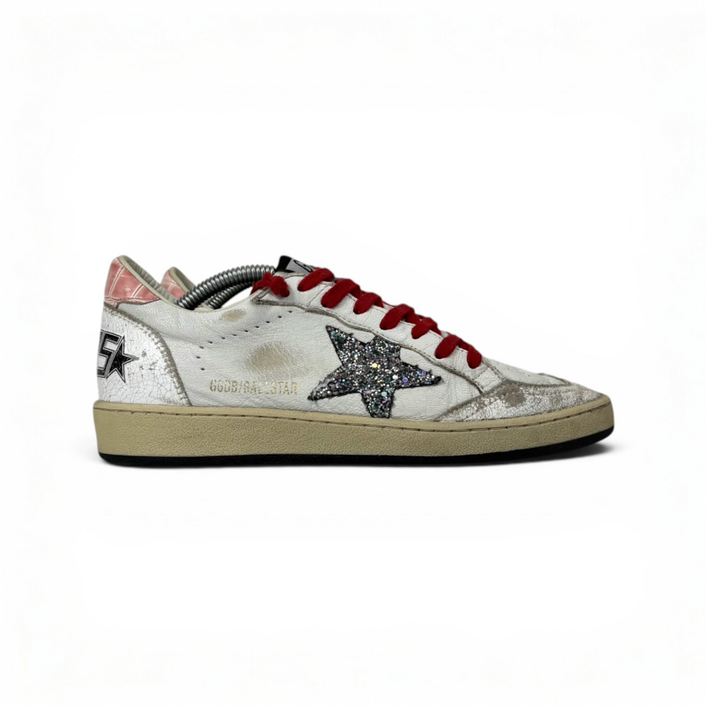 Golden goose Ballstar bianche con stella a paillettes argento e talloncini rosa a squame 37
