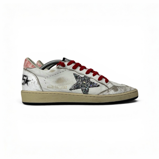 Golden goose Ballstar bianche con stella a paillettes argento e talloncini rosa a squame 37