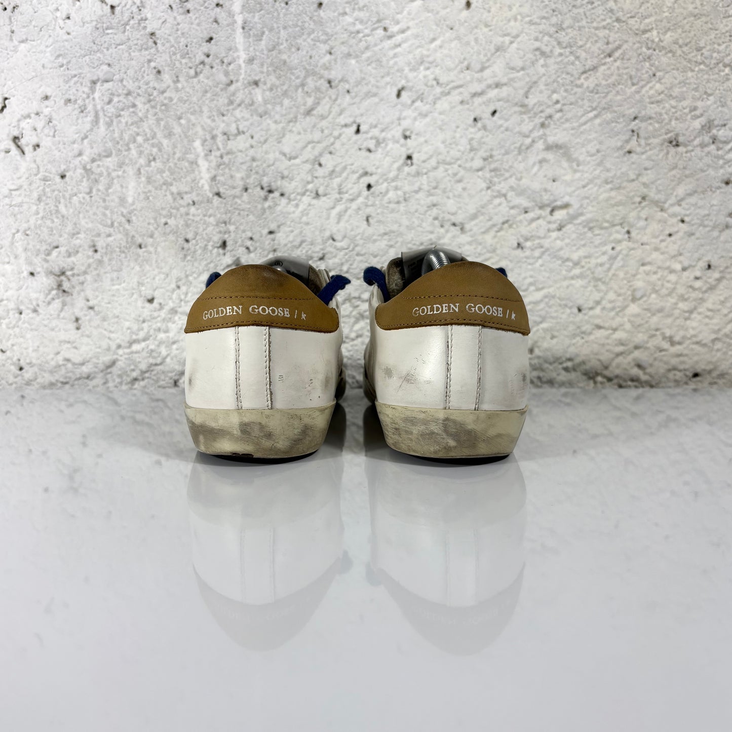 Golden goose Superstar bianche, tallone marrone, stella taupe e lacci blu 39