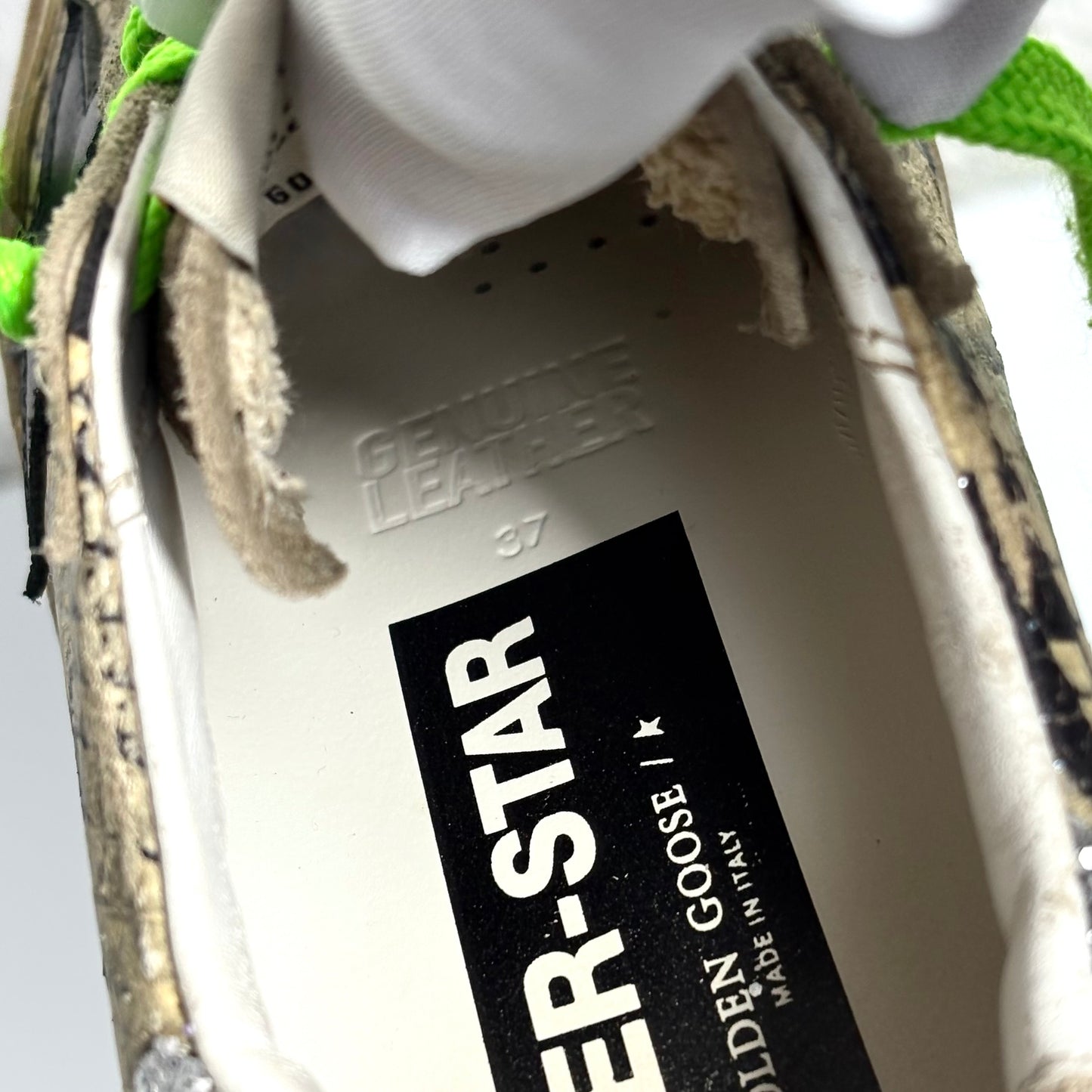 Golden goose Superstar a squame “pitone”, lacci verde talloni brillantinati 37