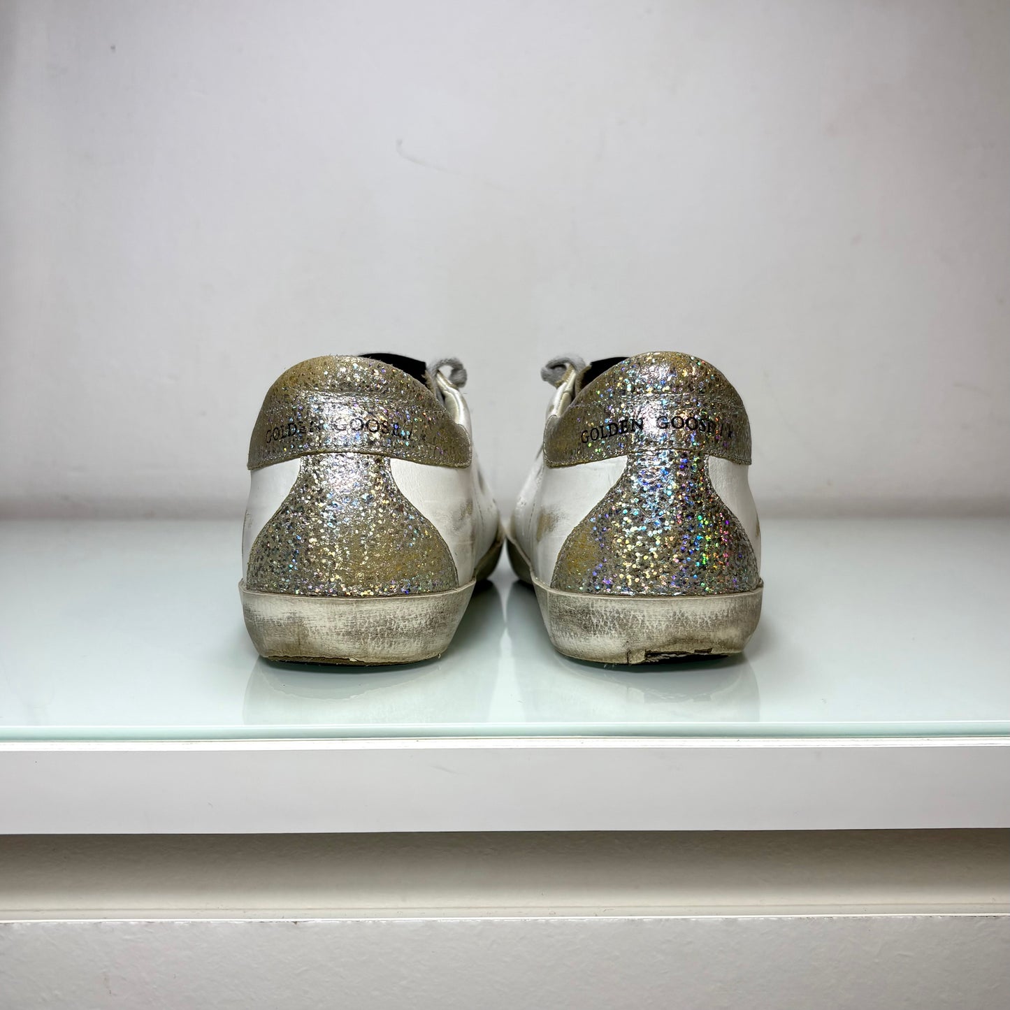 Golden goose Superstar bianche tallone argento paillettes riflessi multicolor 38