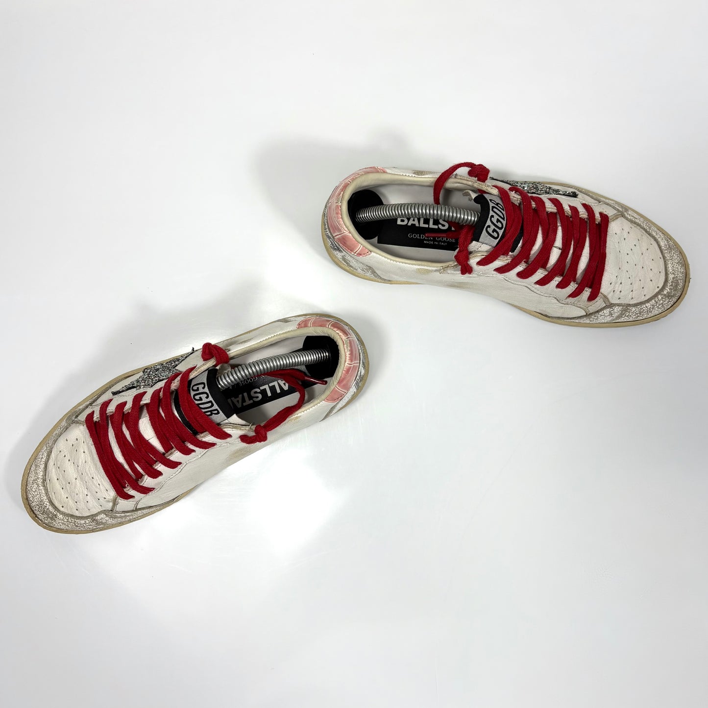 Golden goose Ballstar bianche con stella a paillettes argento e talloncini rosa a squame 37