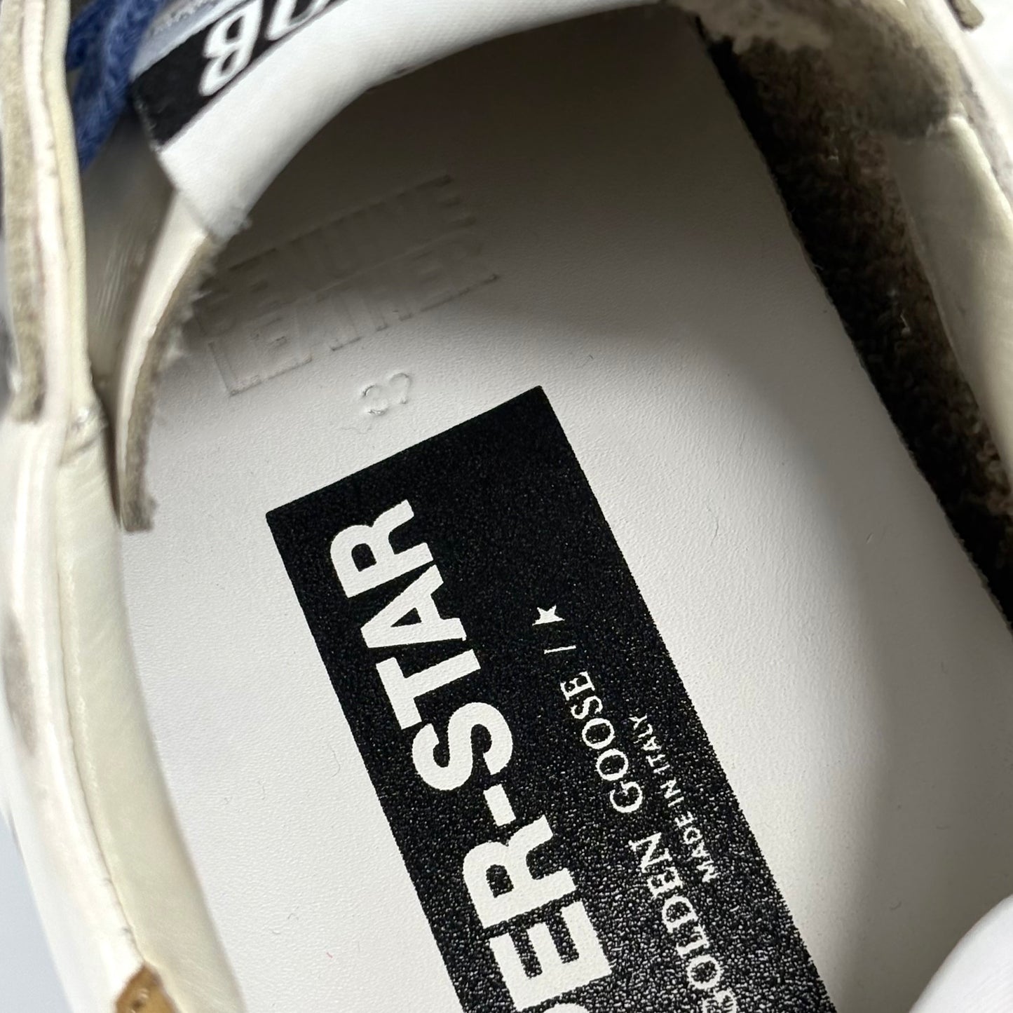 Golden goose Superstar bianche, tallone marrone, stella taupe e lacci blu 39