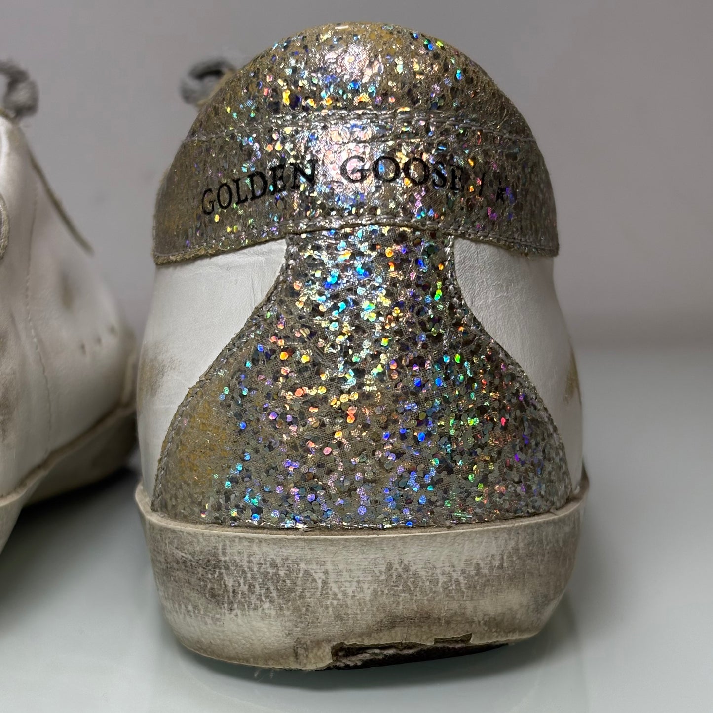 Golden goose Superstar bianche tallone argento paillettes riflessi multicolor 38