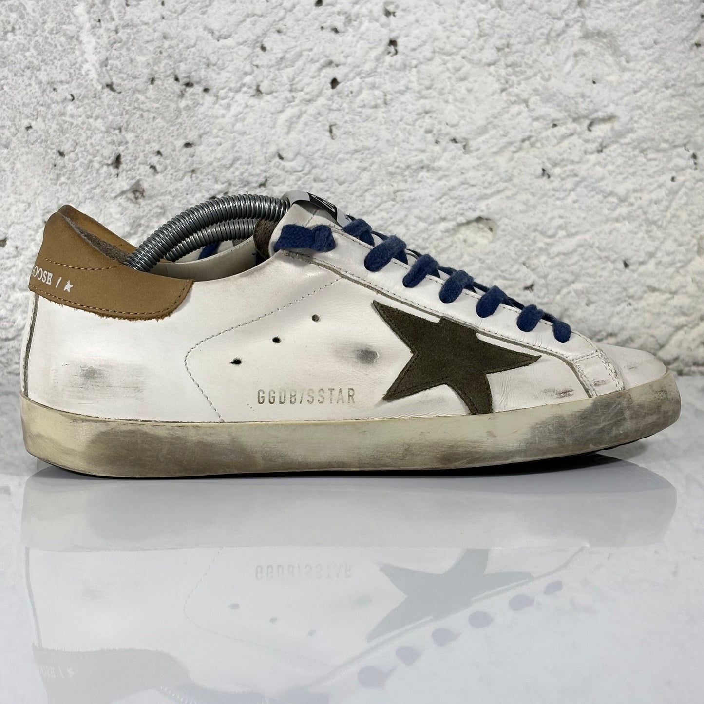 Golden goose Superstar bianche, tallone marrone, stella taupe e lacci blu 39