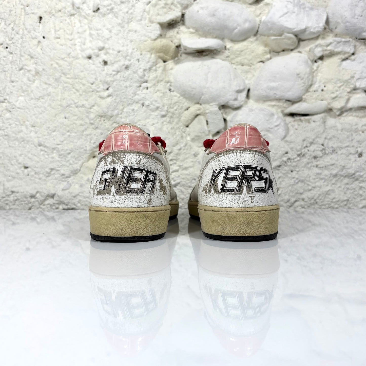 Golden goose Ballstar bianche con stella a paillettes argento e talloncini rosa a squame 37