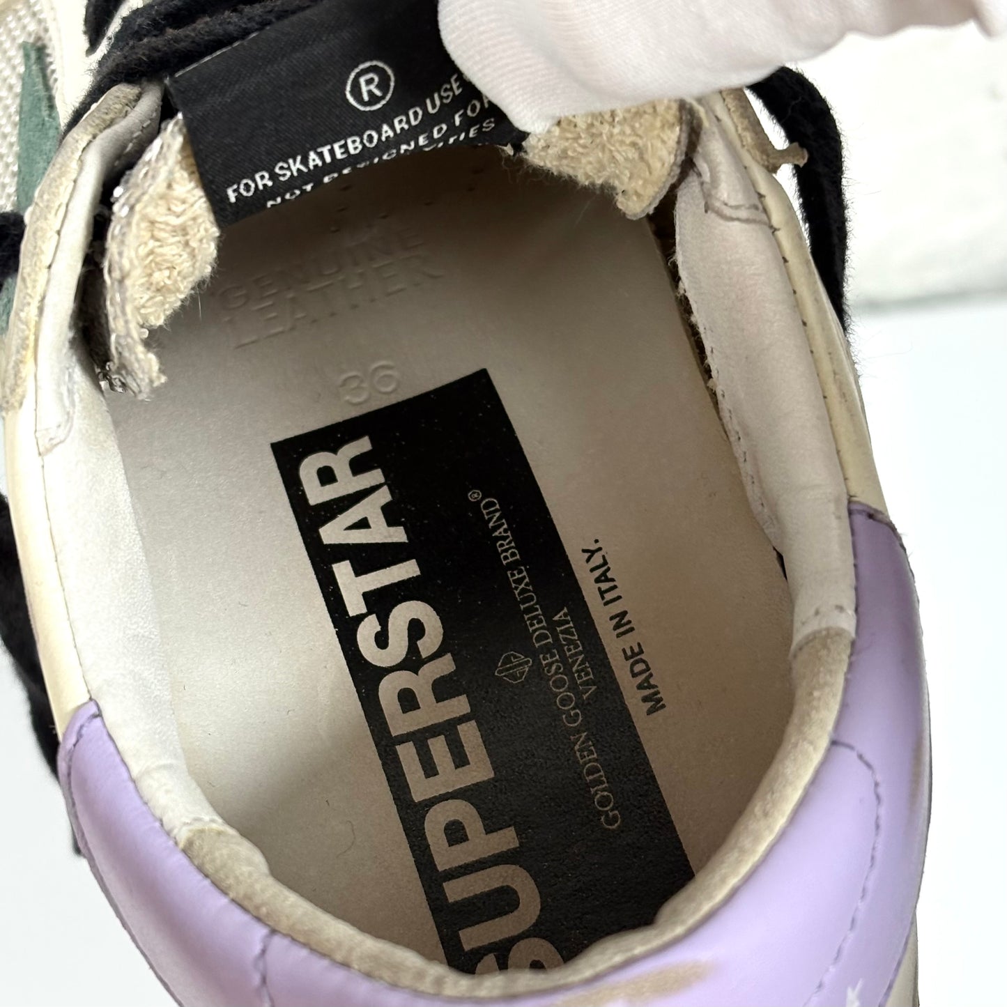 Golden goose Superstar bianche, punta argento glitter e tallone azzurro 36