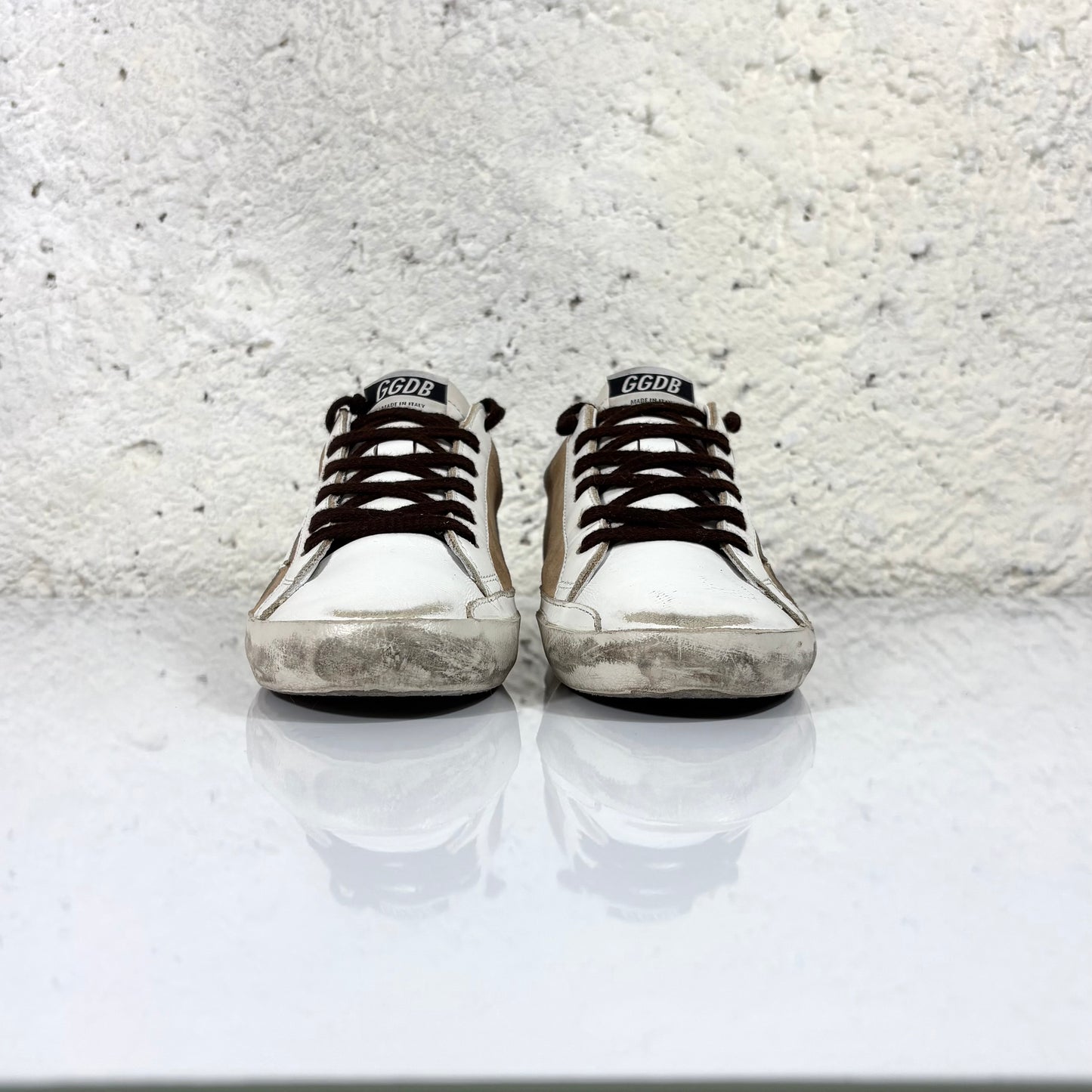 Golden goose Superstar Beige, stella e punta bianca e talloncino blu 39