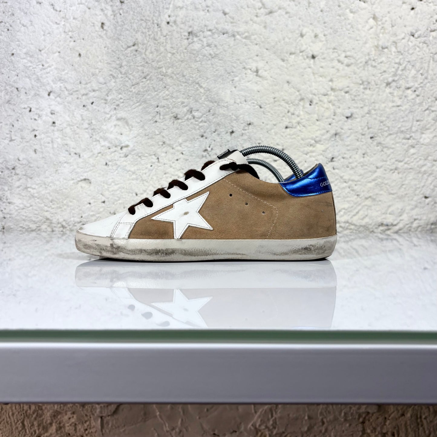 Golden goose Superstar Beige, stella e punta bianca e talloncino blu 39