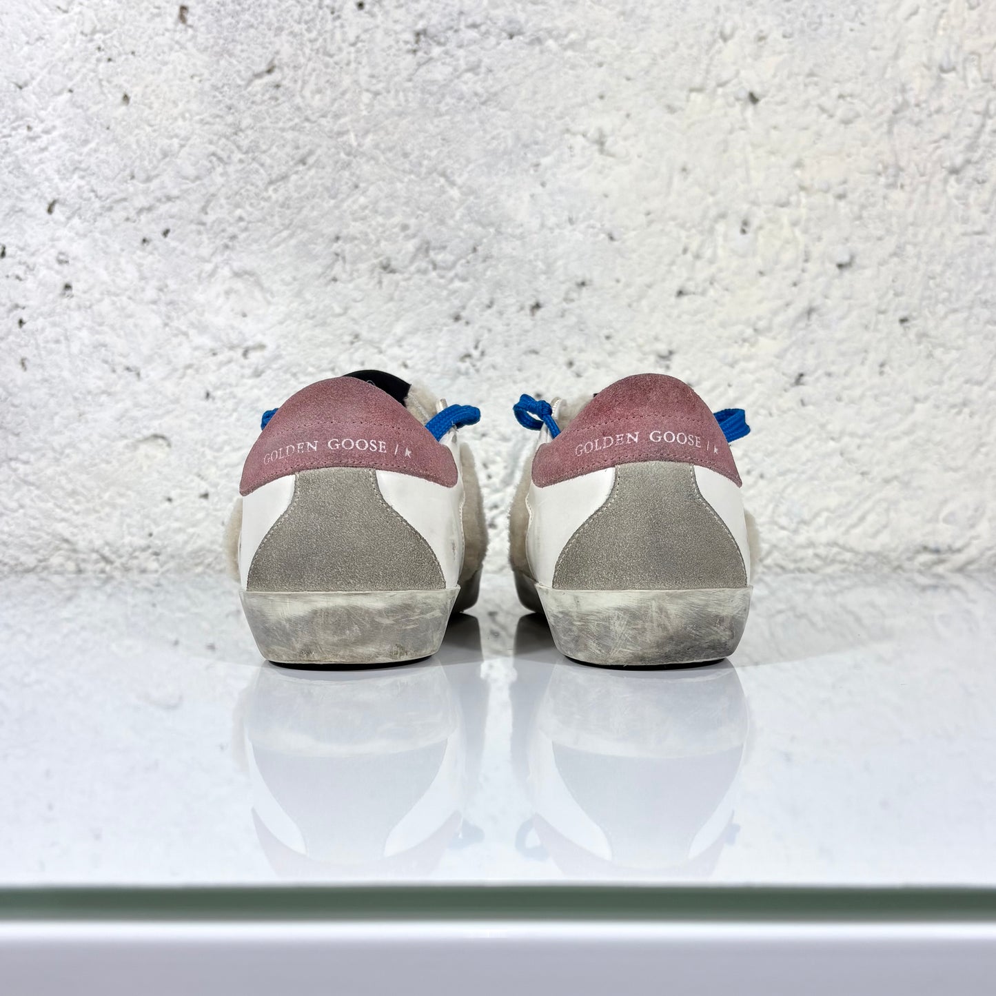 Golden goose Superstar bianche in shearling con lacci blu e stella argento  38