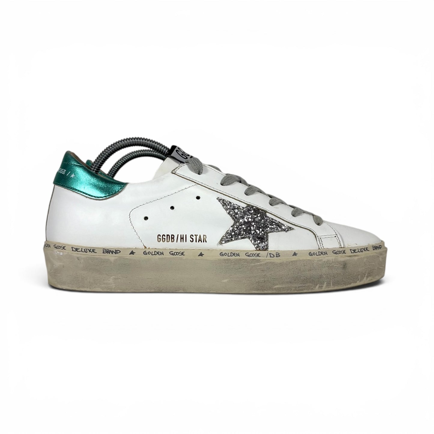 Golden goose Hi Star bianche con talloncini verde smeraldo e stella glitter 39