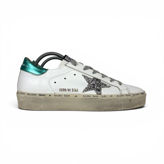 Golden goose Hi Star bianche con talloncini verde smeraldo e stella glitter 39