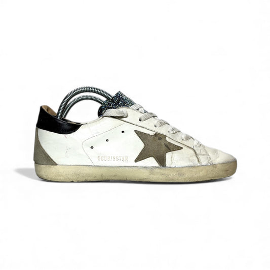 Golden goose Superstar bianche, linguetta brillantinata e tallone nero 38