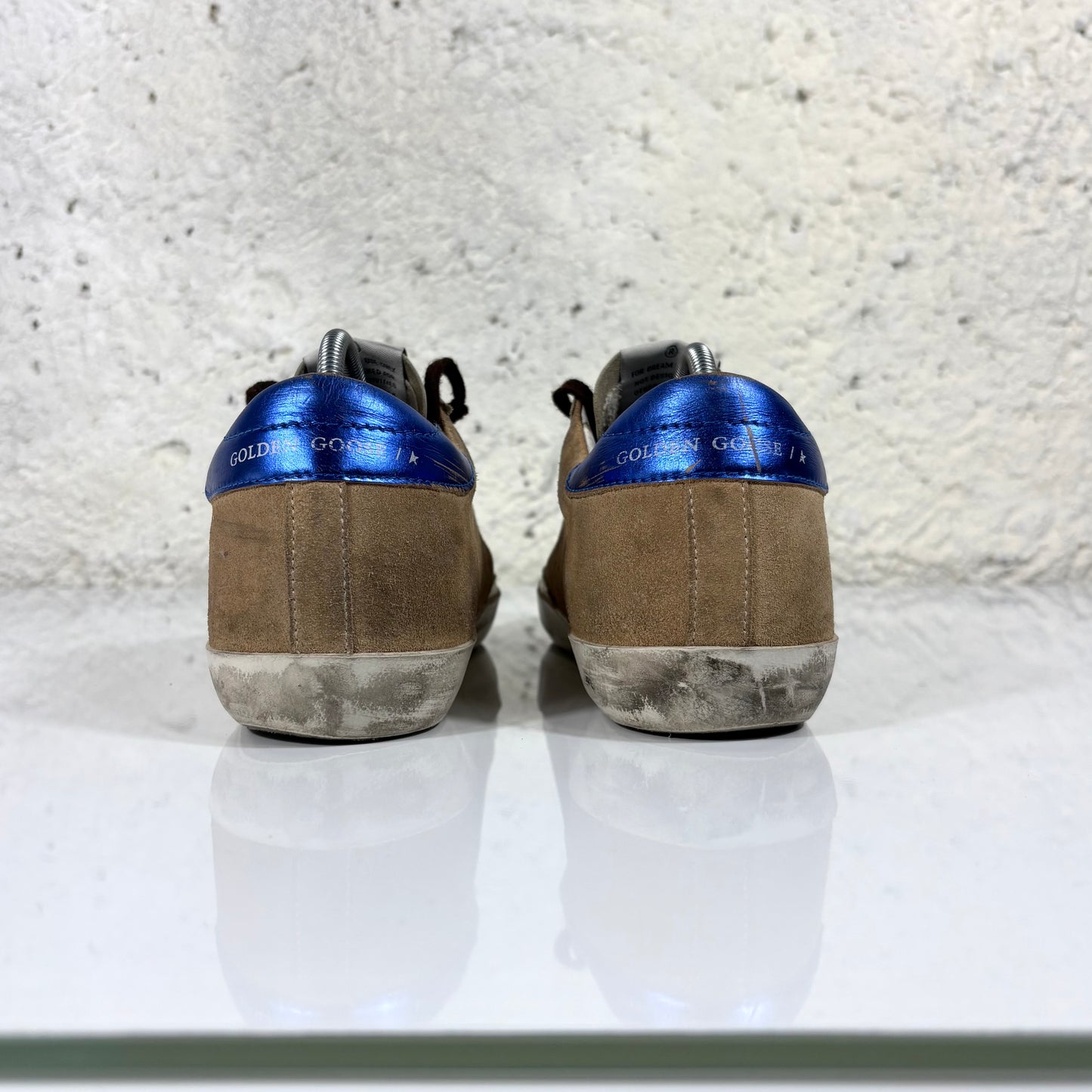 Golden goose Superstar Beige, stella e punta bianca e talloncino blu 39