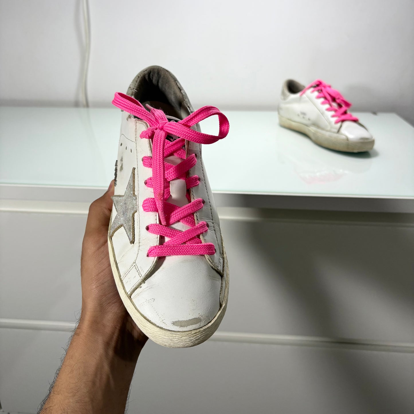 GOLDEN GOOSE SUPERSTAR BIANCO, LACCI ROSA E STELLA ROSA BRILLANTINATA 37