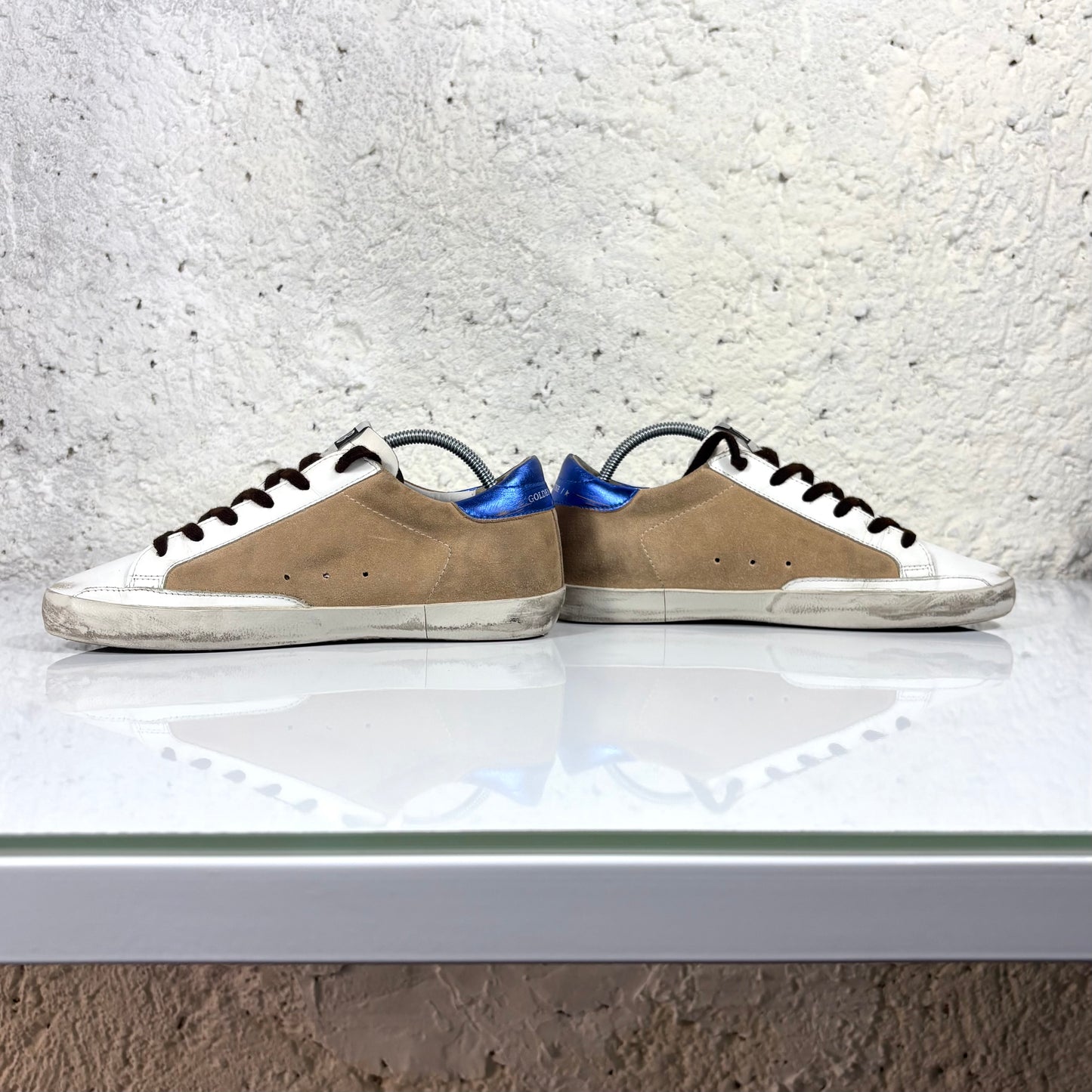 Golden goose Superstar Beige, stella e punta bianca e talloncino blu 39