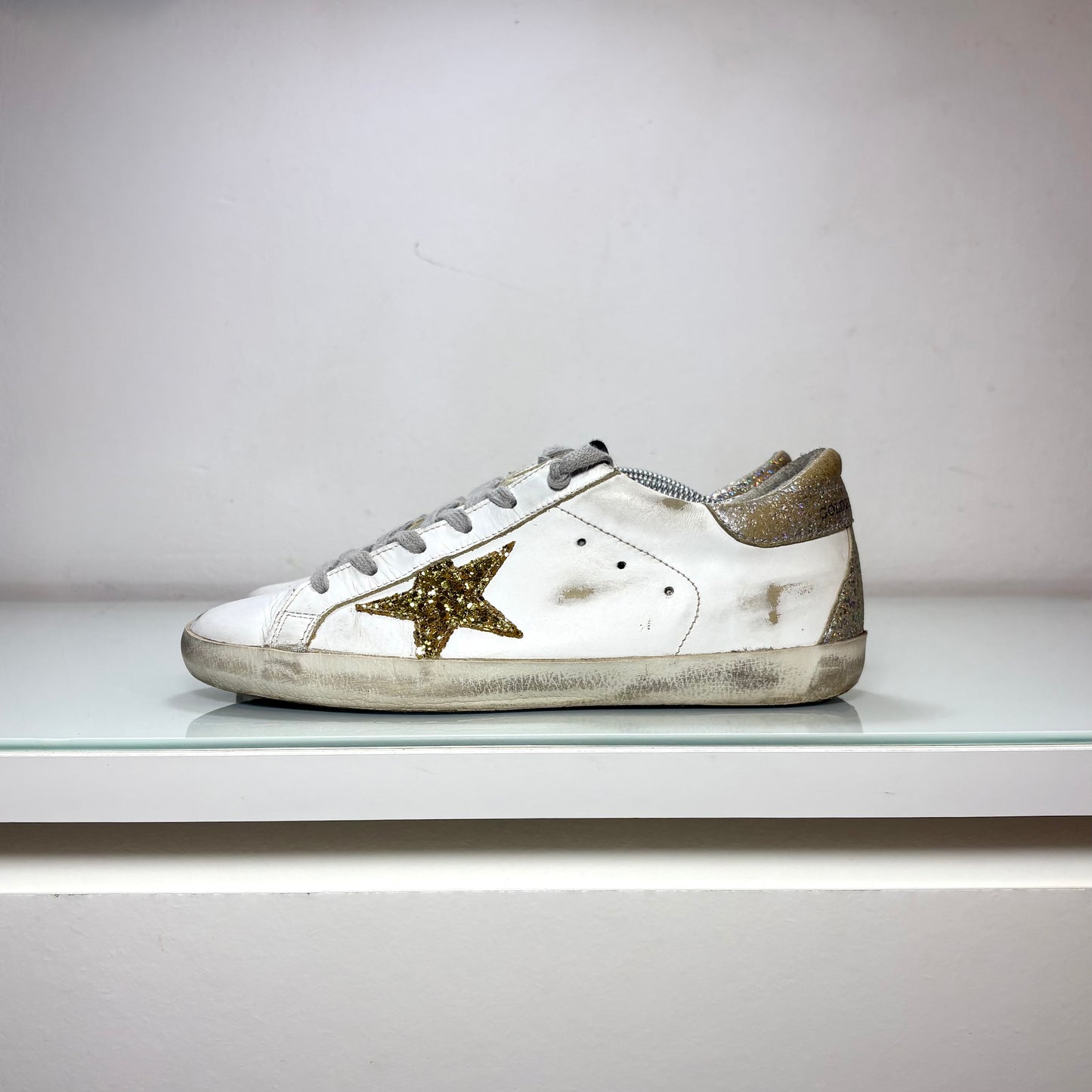 Golden goose Superstar bianche tallone argento paillettes riflessi multicolor 38